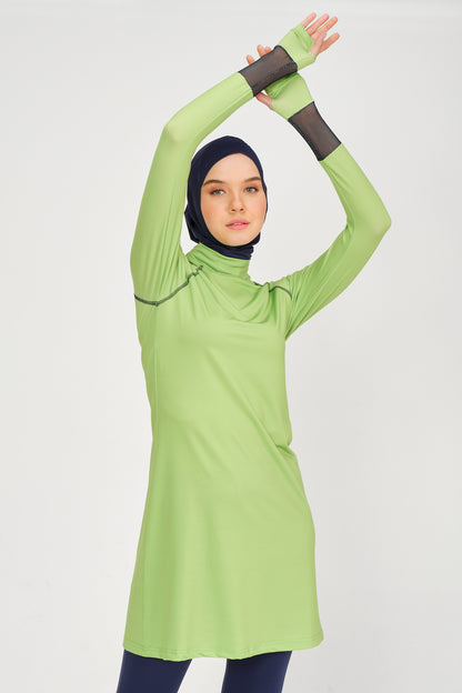 Sleeve Mesh Detailed Hijab Swimsuit Green